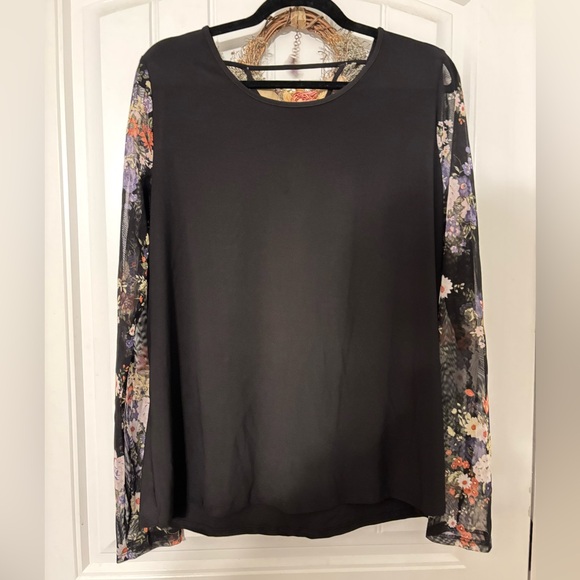 white birch Tops - White Birch Black Top With Floral Mesh Sleeves